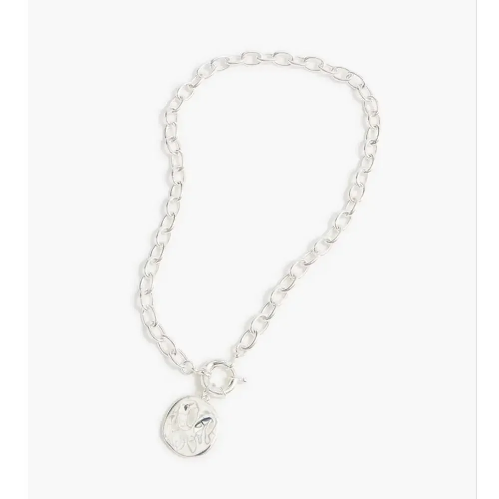 J. Crew Hammered Pendant Chain Necklace Silver Tone Round Medallion BY619 NWT